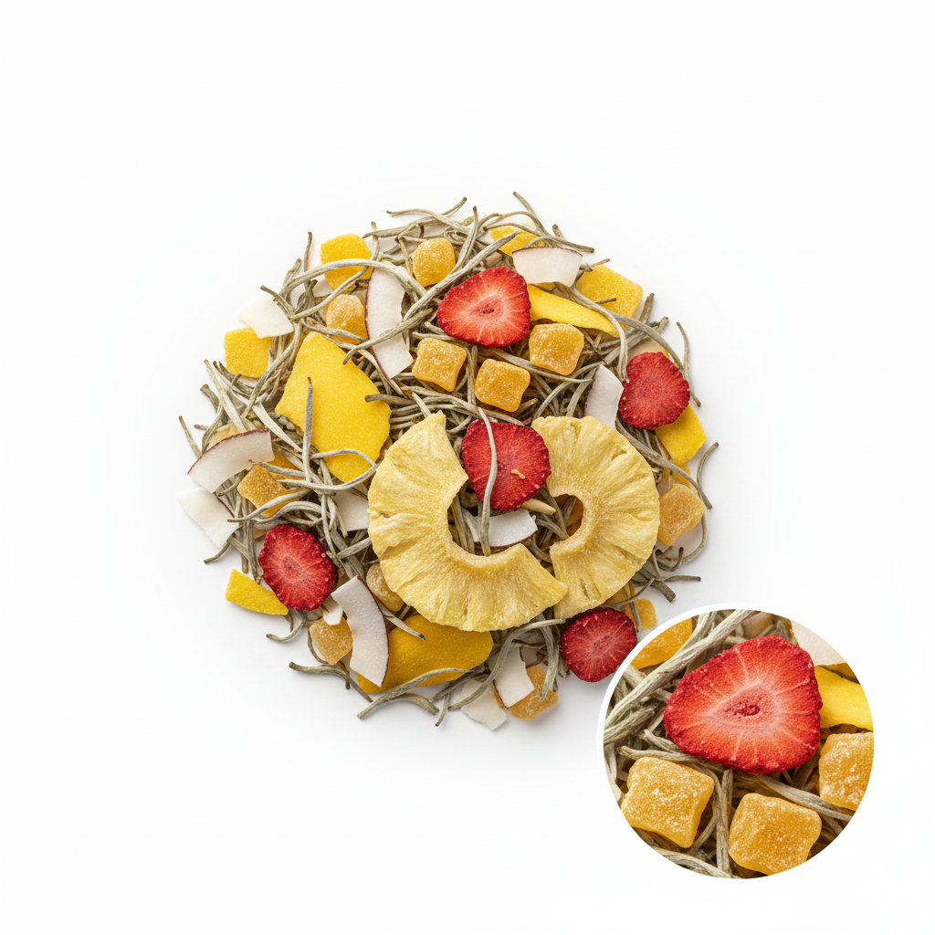 A circular pile of dried fruit and herb supplement mix on a white background, featuring yellow dried pineapple rings, sliced red strawberries, orange dried fruit cubes, white coconut flakes, and light brown dried stems. A circular inset at the bottom right shows a close-up of a strawberry and dried fruit pieces.