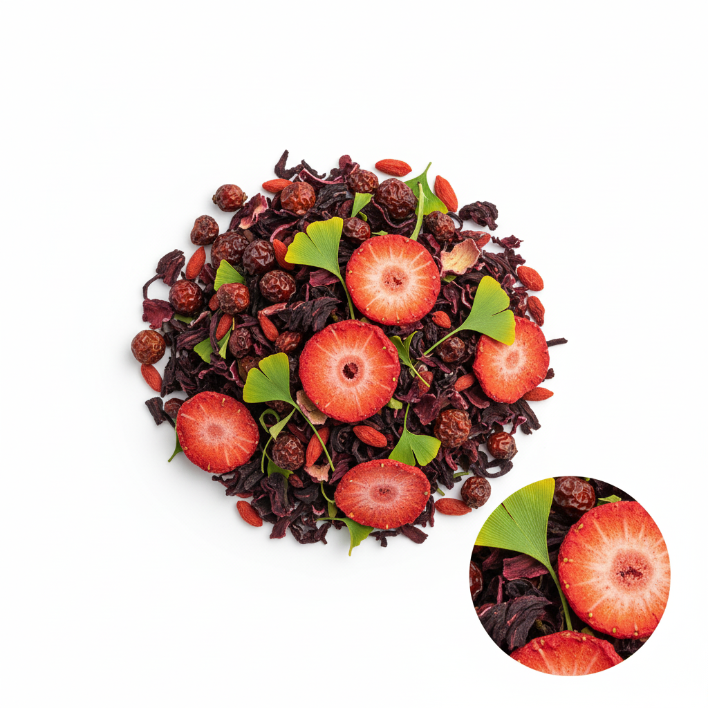 A circular pile of loose-leaf herbal tea blend on a white background, featuring sliced red strawberries, dried dark berries, green leaves, and small red goji berries. A small circular inset at the bottom right shows a close-up of one strawberry slice.