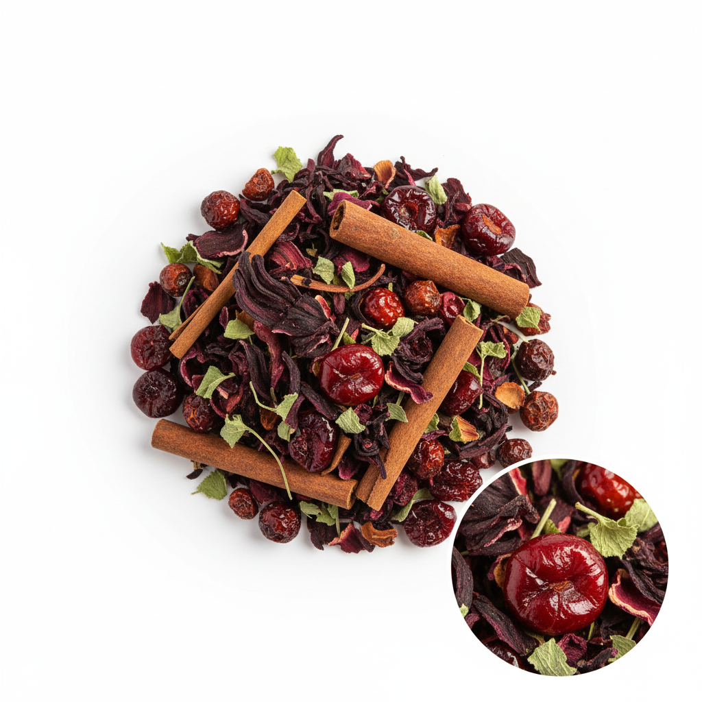 A pile of loose-leaf herbal tea blend featuring cinnamon sticks, dried cranberries, hibiscus flowers, and mint leaves on a white background, with a circular inset showing a close-up of the ingredients.