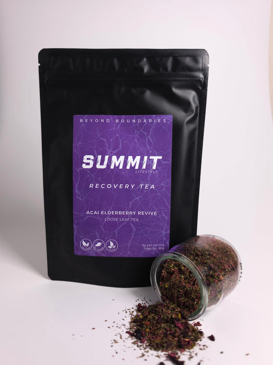 A black stand-up pouch labeled 'SUMMIT RECOVERY TEA' with a purple front panel, shown next to a clear glass jar tipped over with loose tea spilled out on a white surface.