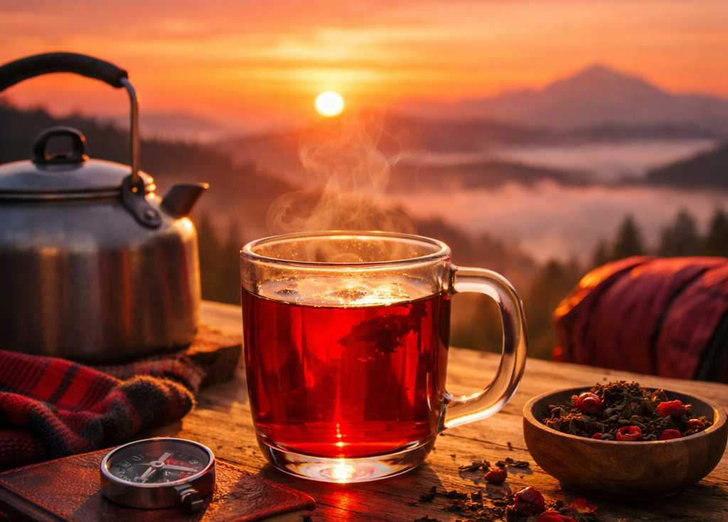 Steaming mug of red tea with a sunset over mountains and a teapot on a wooden table.