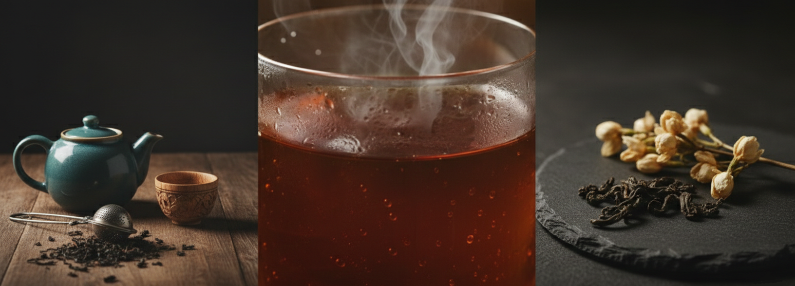 Tea collage with a teapot, steaming glass of tea, and dried tea leaves.