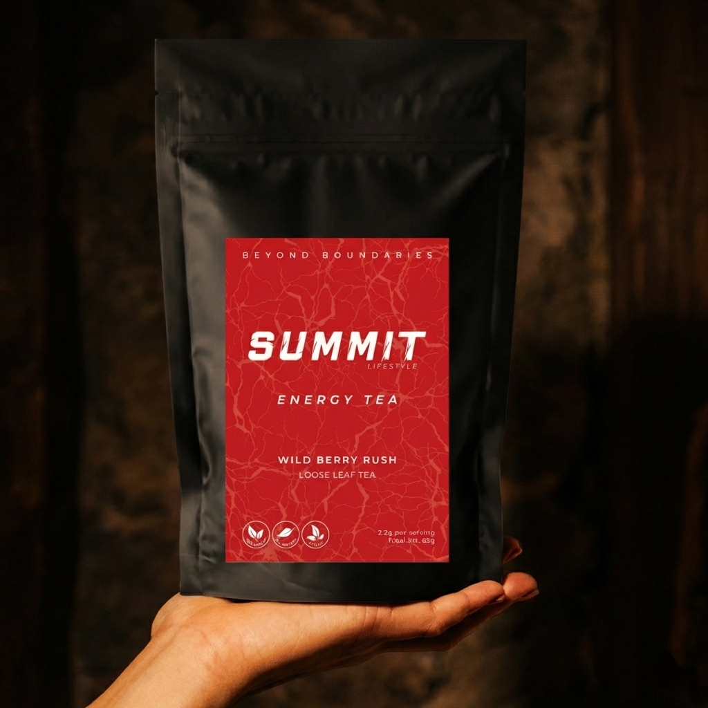 Black package of Summit Energy Tea held in a hand with a dark background