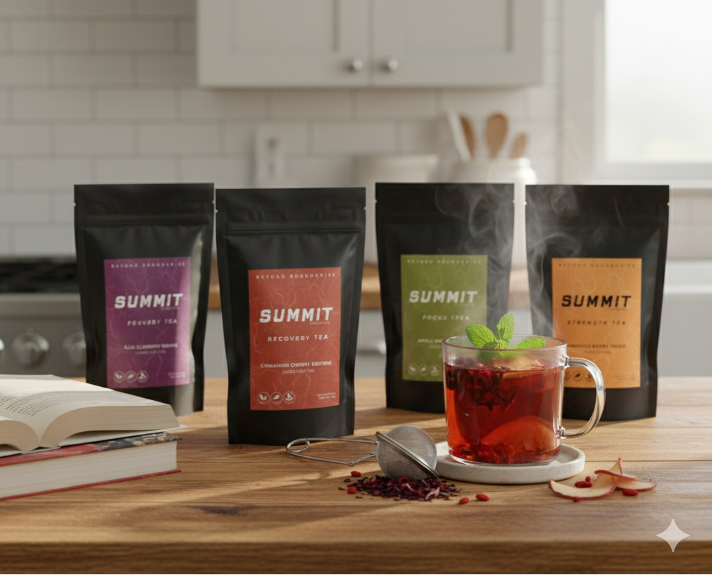 Four Summit tea packages on a kitchen counter with a glass of tea.