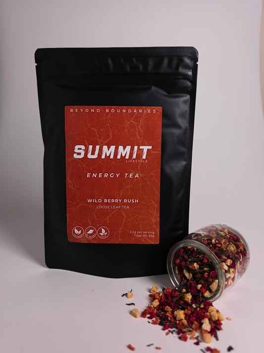 A black stand-up pouch of Summit Energy Tea with a red-orange label, shown on a light gray background with a small clear jar tipped over beside it and loose tea spilled out.
