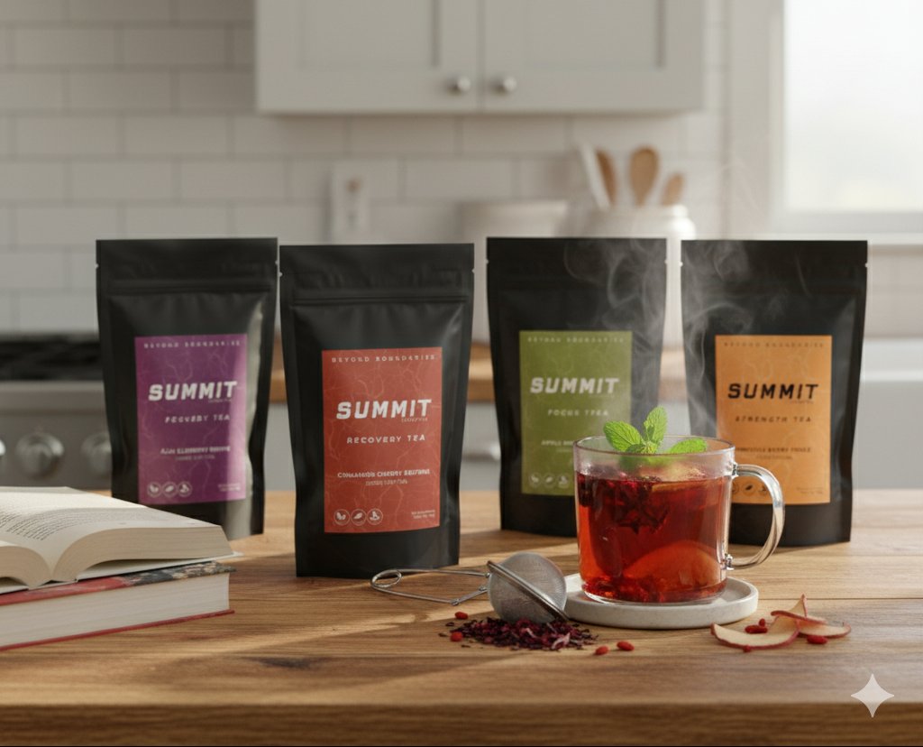 Four black SUMMIT tea pouches are lined up on a wooden kitchen counter next to an open book, with a glass mug of brewed red tea and a teabag in the foreground. The kitchen background features white subway tiles and light-colored cabinets.